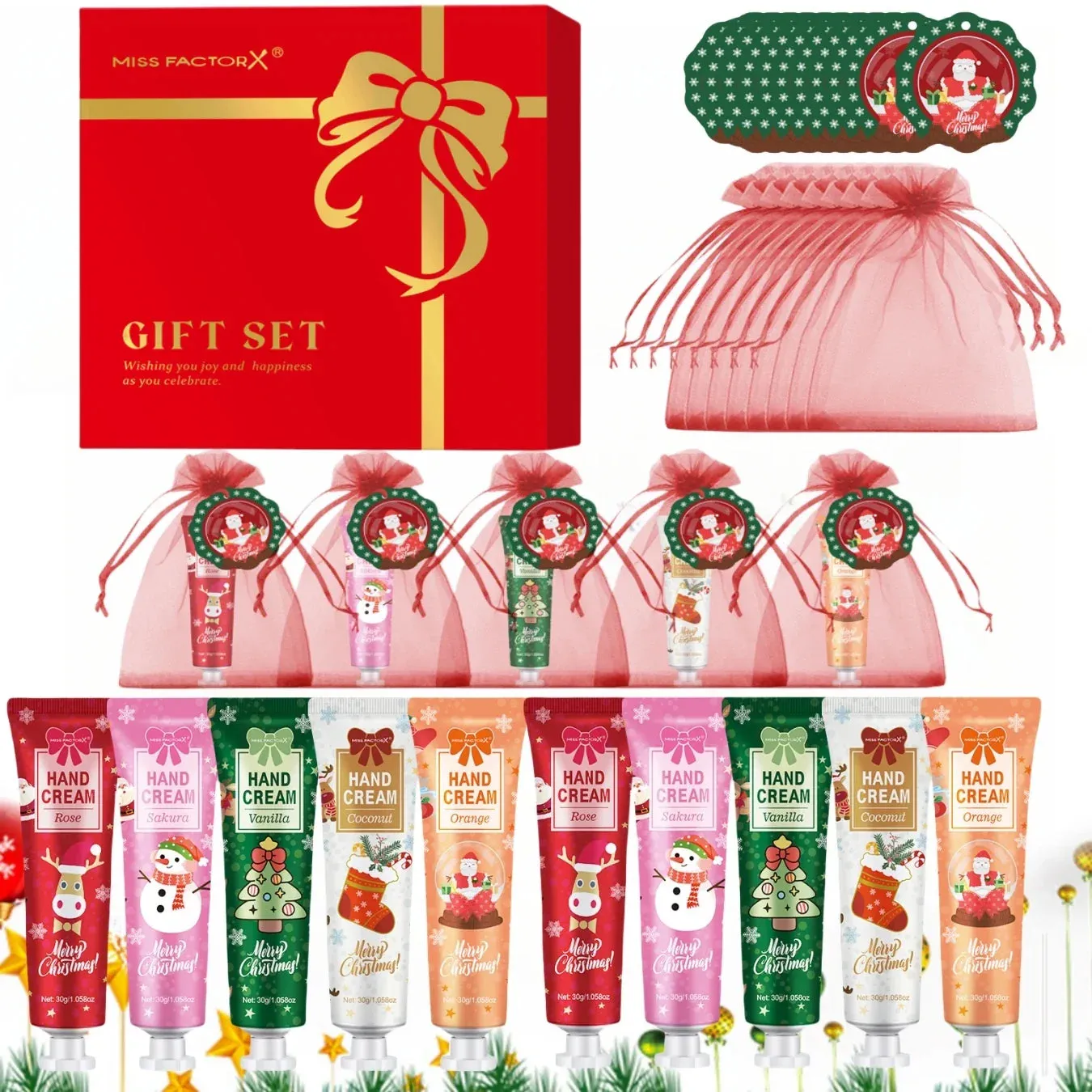 30 Piece Christmas Gift Set For Women Hand Cream Cards Gauze Bags
