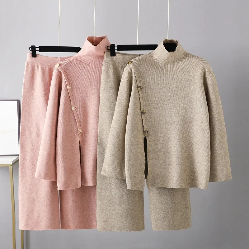 Design Sense Niche Stand Collar Slit Knitted Turtleneck Sweater Anti-aging Casual Wide Leg Pants Two-piece Set