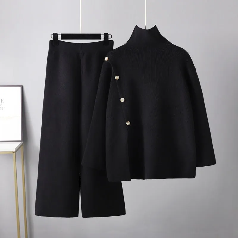 Design Sense Niche Stand Collar Slit Knitted Turtleneck Sweater Anti-aging Casual Wide Leg Pants Two-piece Set