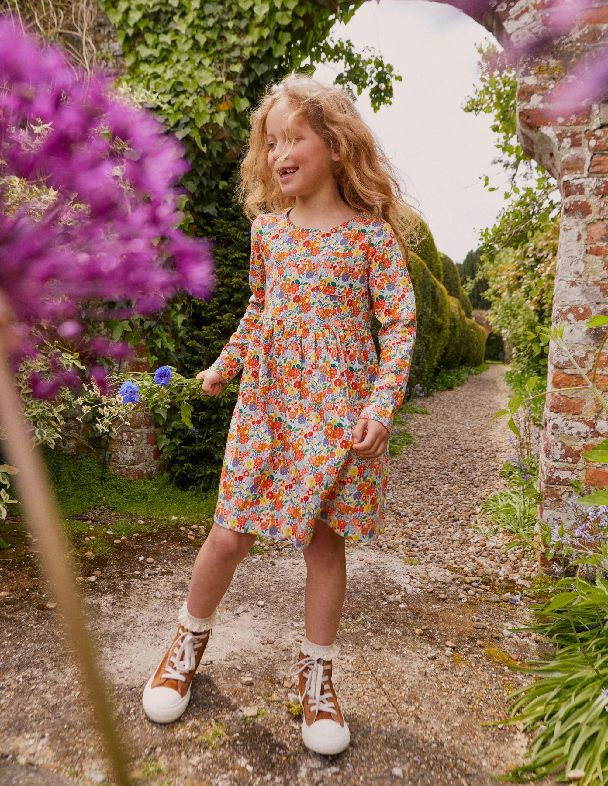 Long Sleeve Fun Jersey Dress-Multi Pups Floral