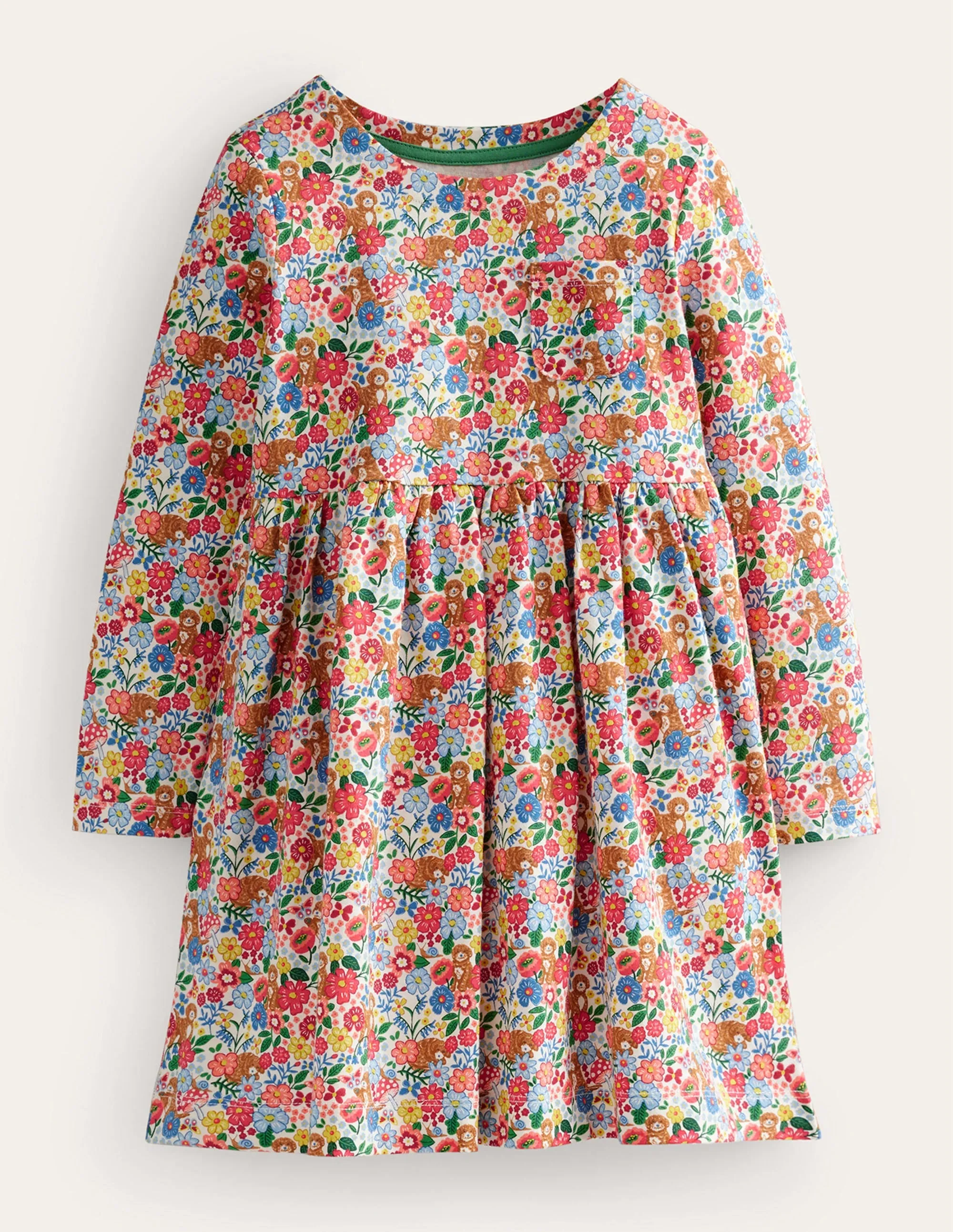 Long Sleeve Fun Jersey Dress-Multi Pups Floral