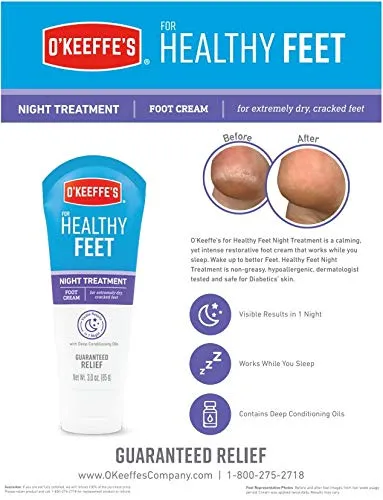 O'Keeffe's Healthy Feet Night Treatment Foot Cream, Restorative Lotion Works While You Sleep, Deep Conditioning Oils, 3oz/85g Tube, (Pack of 1) K4201502
